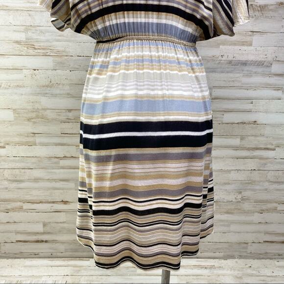 Hale Bob Silk Blend Faux Wrap Dress Womens Size S Tan Black Striped - Picture 10 of 13